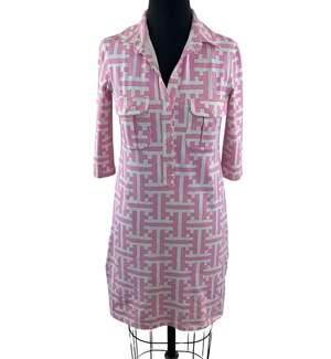 PERSIFOR White Pink Dress Stretch Geometric Collared 3/4 Sleeve Size X-Small XS